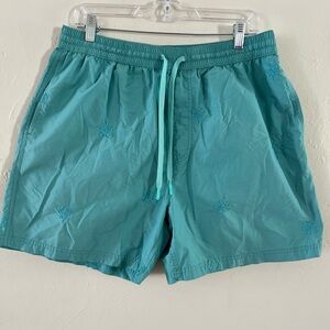 Urban Outfitters Teal Embroidered Athletic Swim Trunk Shorts